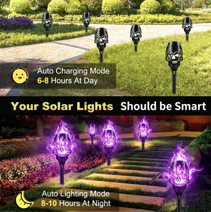 💀4-Pack Skull Purple‑Flame Solar Torch Stake Lights