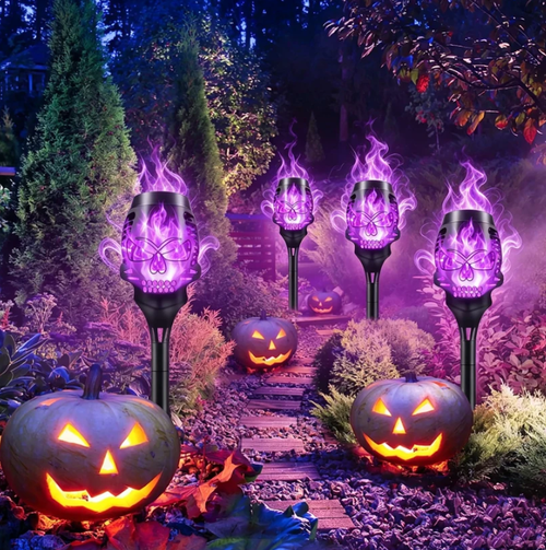 💀4-Pack Skull Purple‑Flame Solar Torch Stake Lights