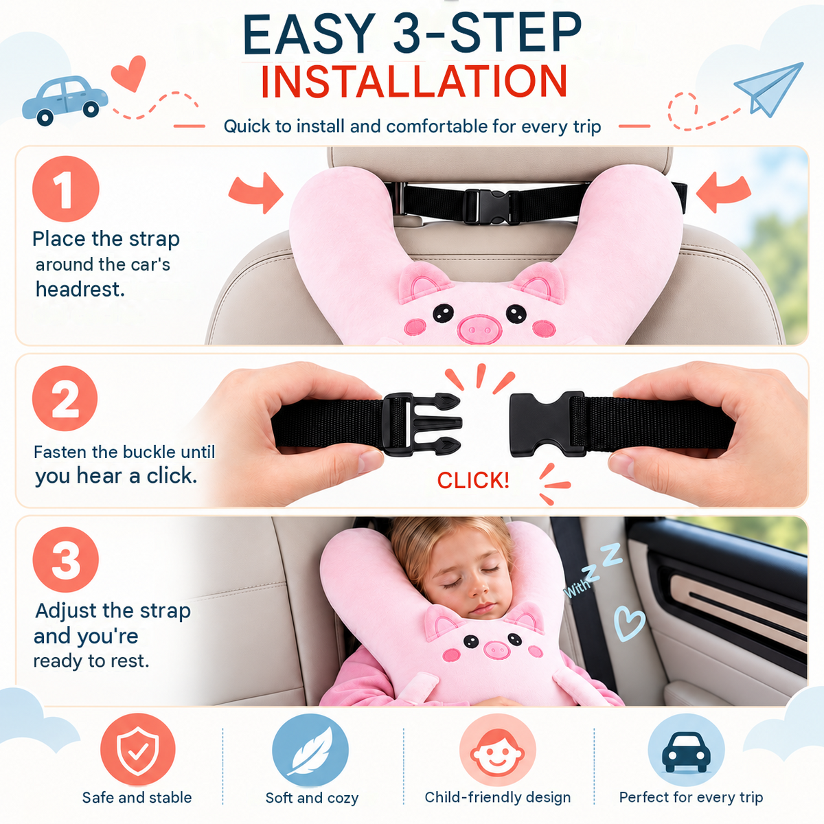 🚗💤 Kids Car Travel Pillow | Cute Animal Neck Support Pillow