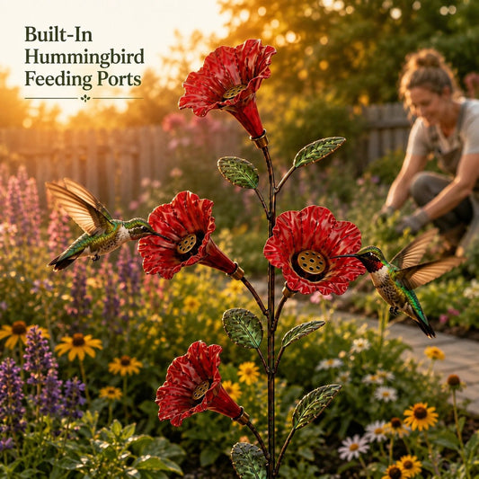 🐦Metal Red Trumpet Hummingbird Feeder Stake | Dual-Use Garden Decor For Cottage Yard & Flower Beds