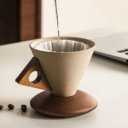 ☕ Handmade Ceramic Pour Over Coffee Dripper with Wooden Handle & Base