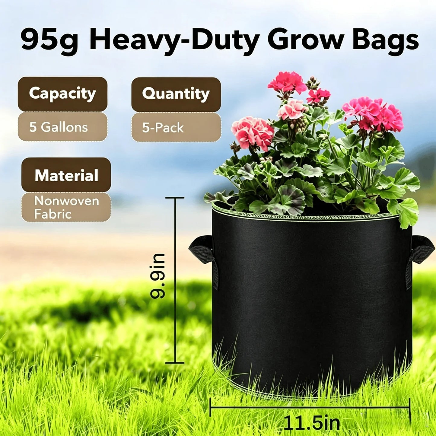 🌱5-Pack 5 Gallon Grow Bags -Heavy Duty Aeration FabricPots with Handles forVegetables, Flowers & Fruits🪴