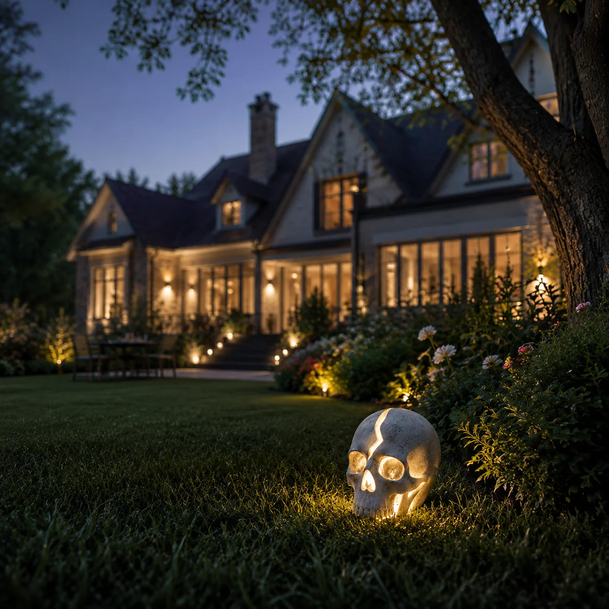 💀 Cracked Skull Solar Garden Light | Gothic Spooky Skull Landscape Yard Lamp