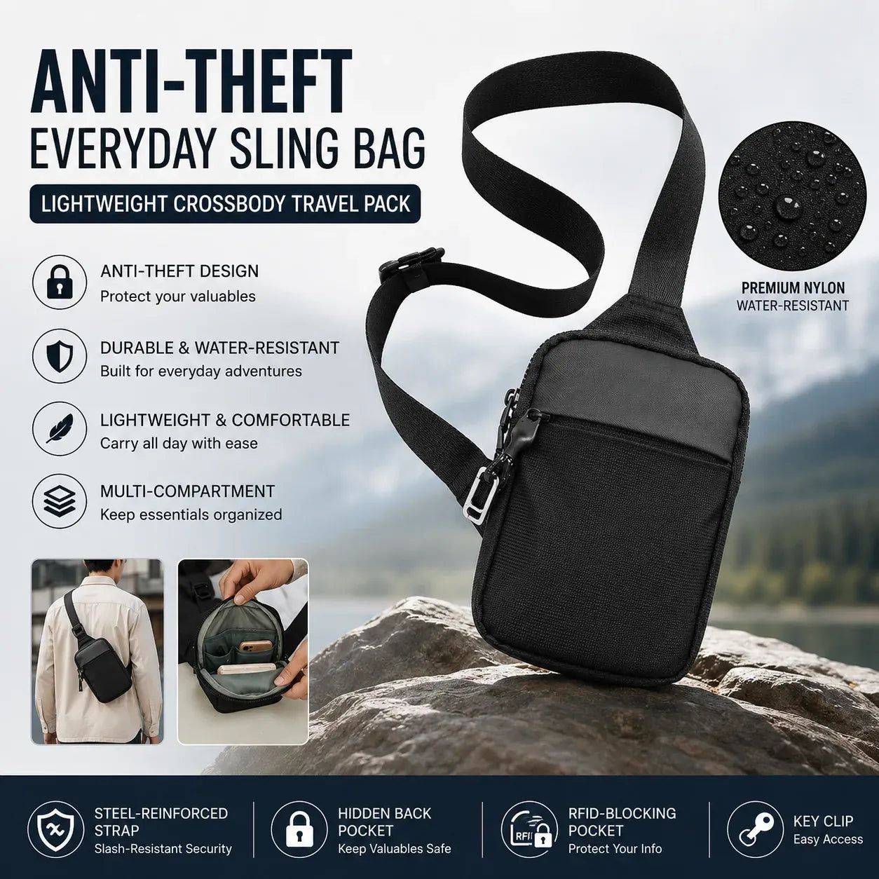 🛡️Anti‑Theft RFID Blocking Sling Bag | Lightweight Crossbody Travel Pack
