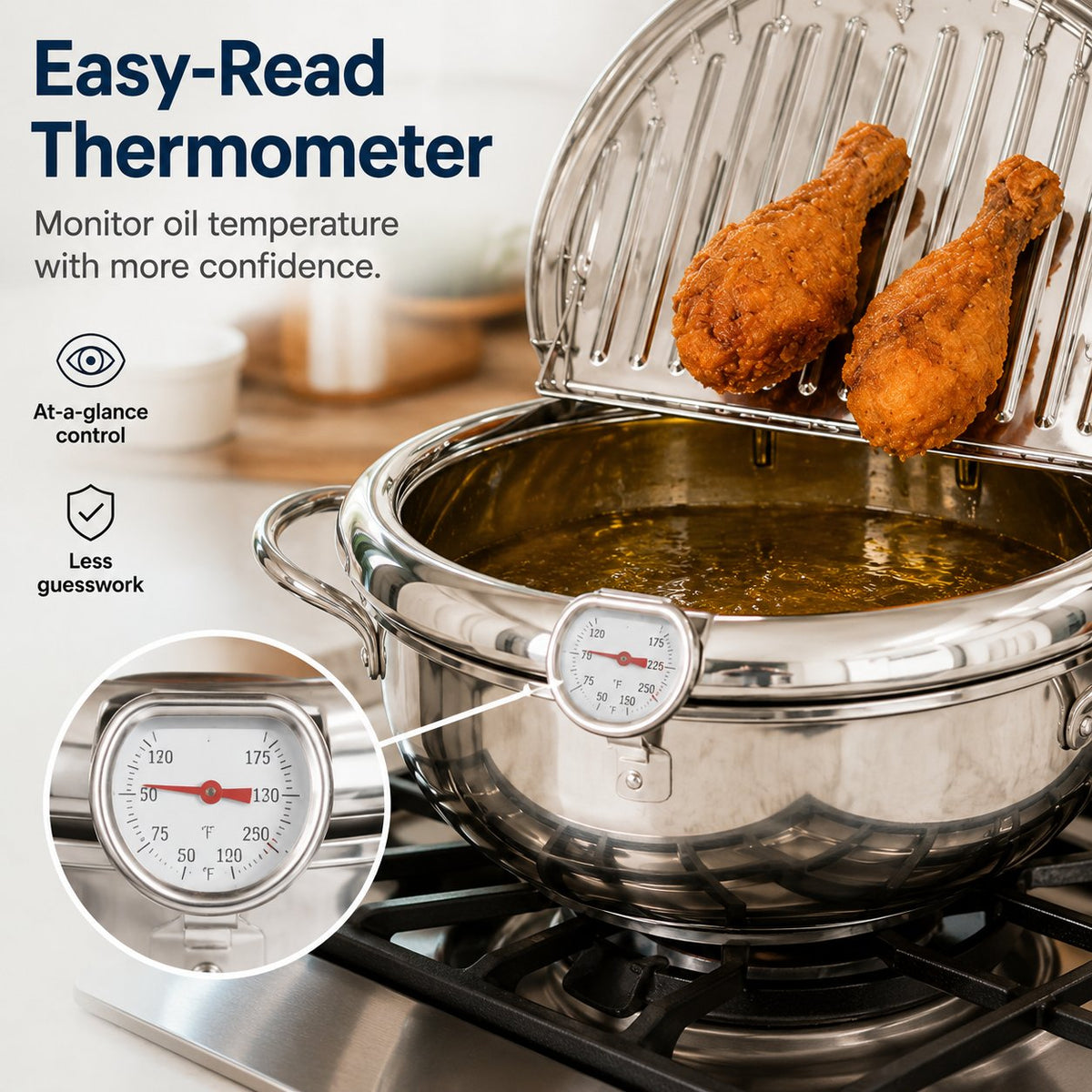 🔥🍤304 Stainless Steel Deep Frying Pot with Strainer Basket and Thermometer