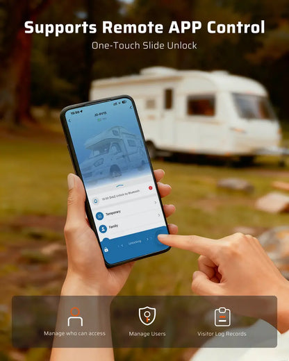🚪Smart RV Door Lock——Keyless entry, supporting 100-foot Bluetooth app access, fingerprint recognition, remote control, and physical keys.