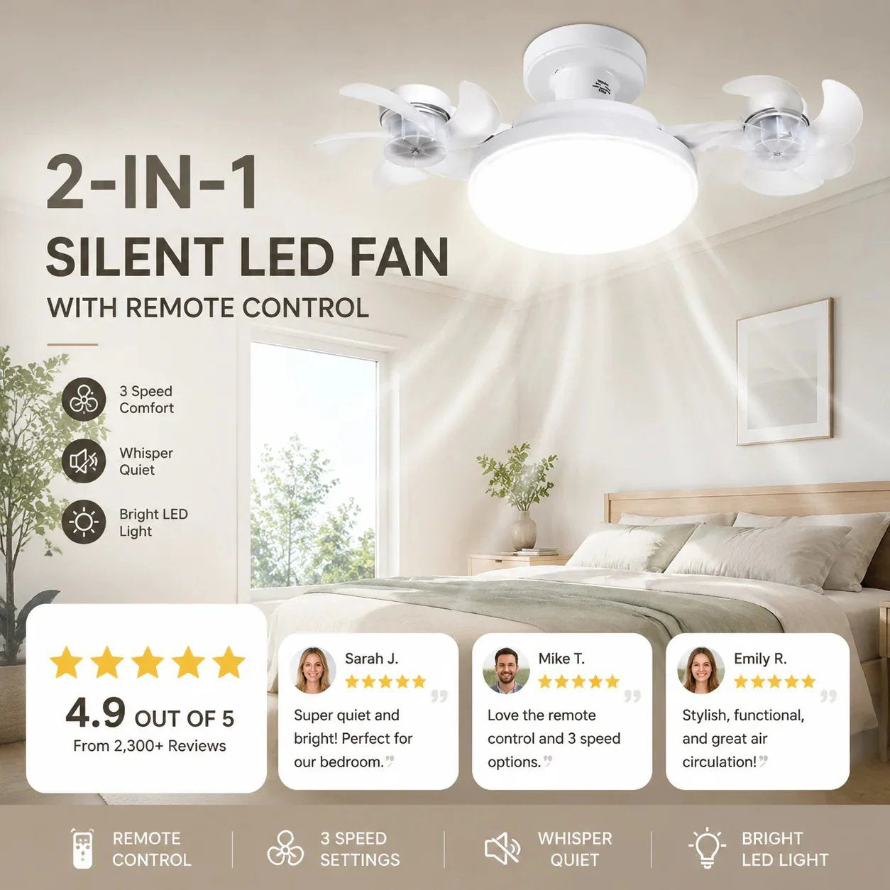 🌀E27 Socket Ceiling Fan Light – 2-in-1 LED Light & Quiet Fan with Remote Control