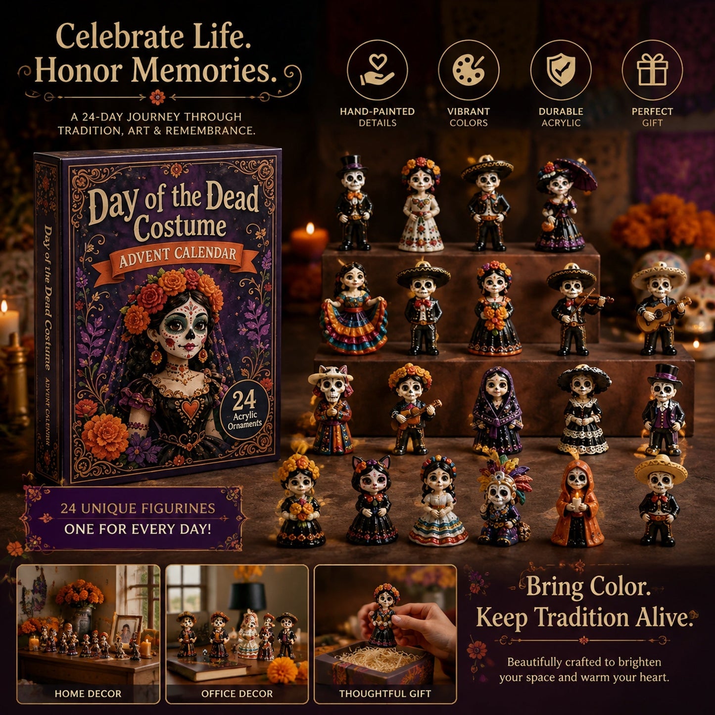 High-quality miniature model ✨2026 Day of the Dead Advent Calendar - 24 Days of My stery Collectible Figurines,Sugar Skull characters &Festive Holiday Surprises