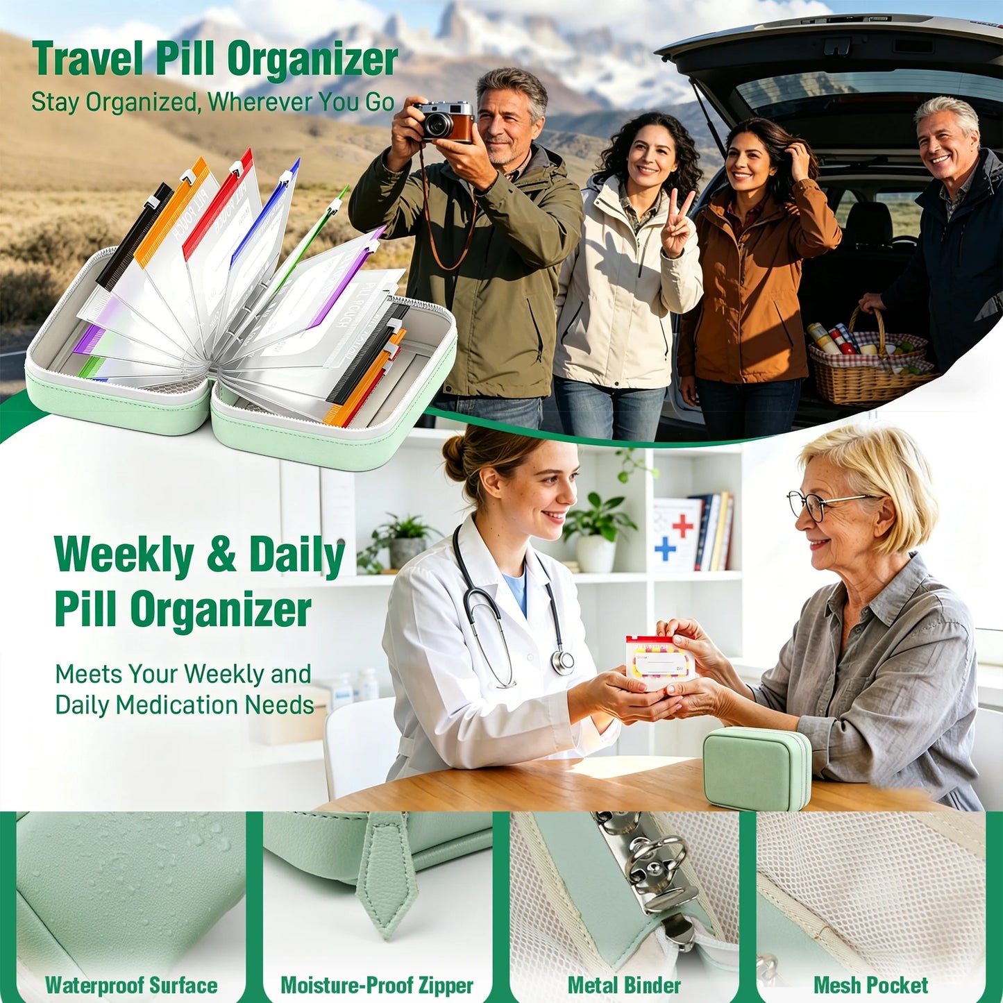 💊A8 Waterproof Pill Pouch Set –  14 Days of Meds & Vitamins💧Waterproof & Crush-Resistant Shell