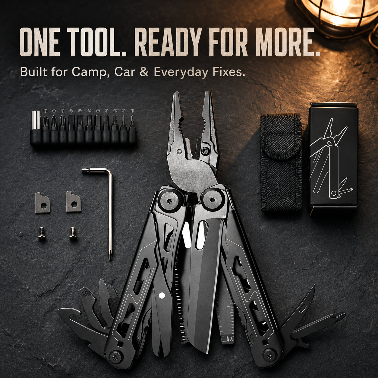 🏕️ 16-in-1 Camping Multi-Tool with Full-Size Scissors & Carrying Pouch