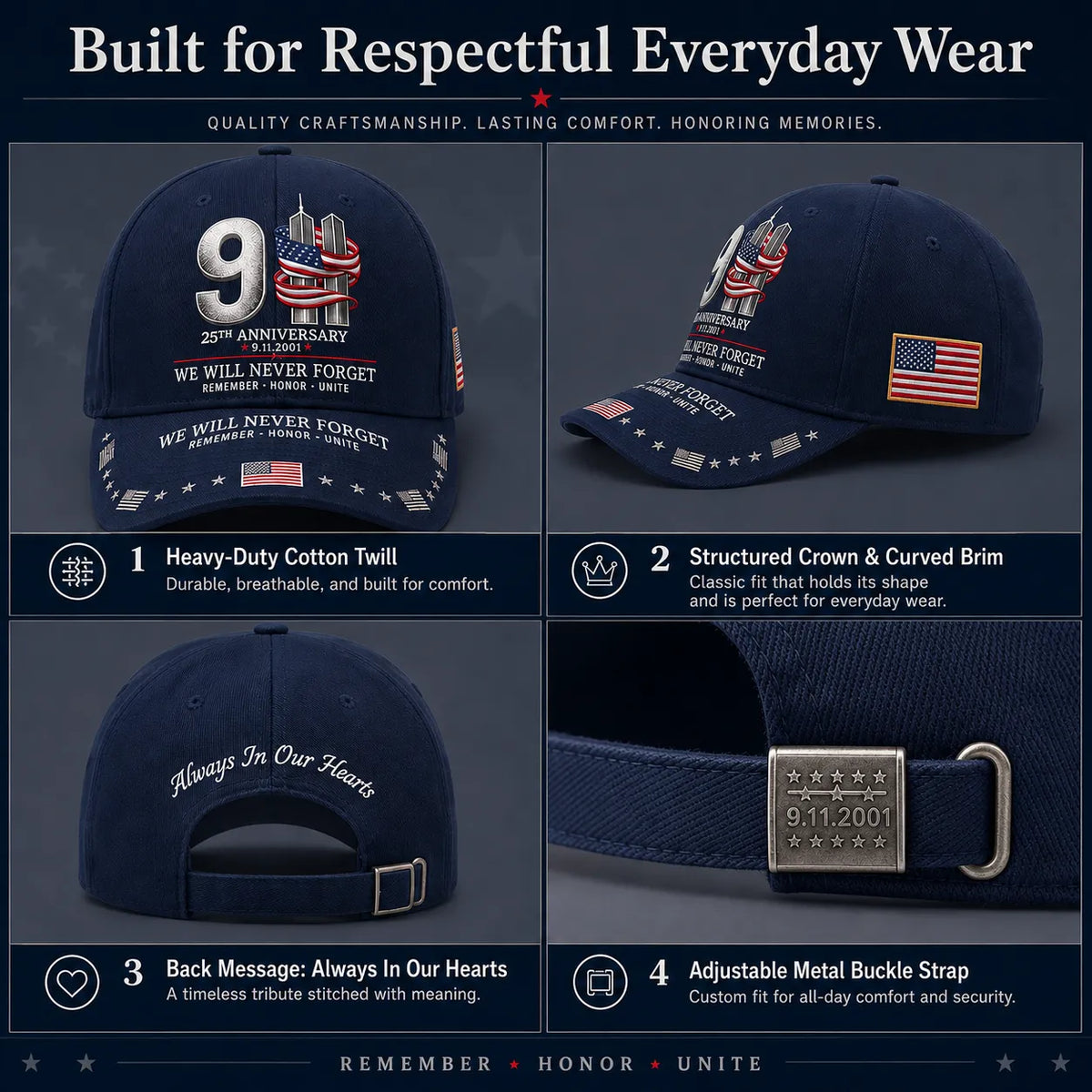 ⚡️9/11 25th Anniversary We Will Never Forget Embroidered Memorial Baseball Cap – Unisex Patriotic Memorial Hat🧢 100% Cotton