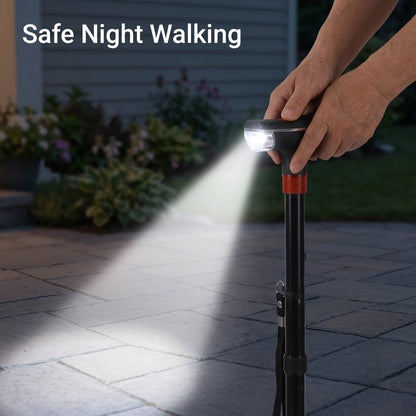 🦯 Foldable Walking Cane for Seniors |10-Level Height Adjustment, Built-in LED Light & One-Click SOS Alarm