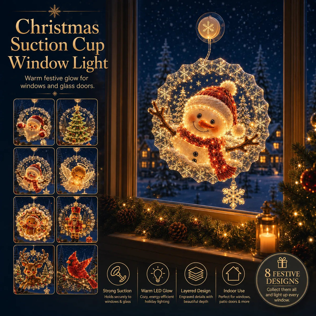 🎄Lighted Christmas Window Decoration with Suction Cup | Warm LED Window Light with Double-Layer Design & Multiple Festive Styles ✨