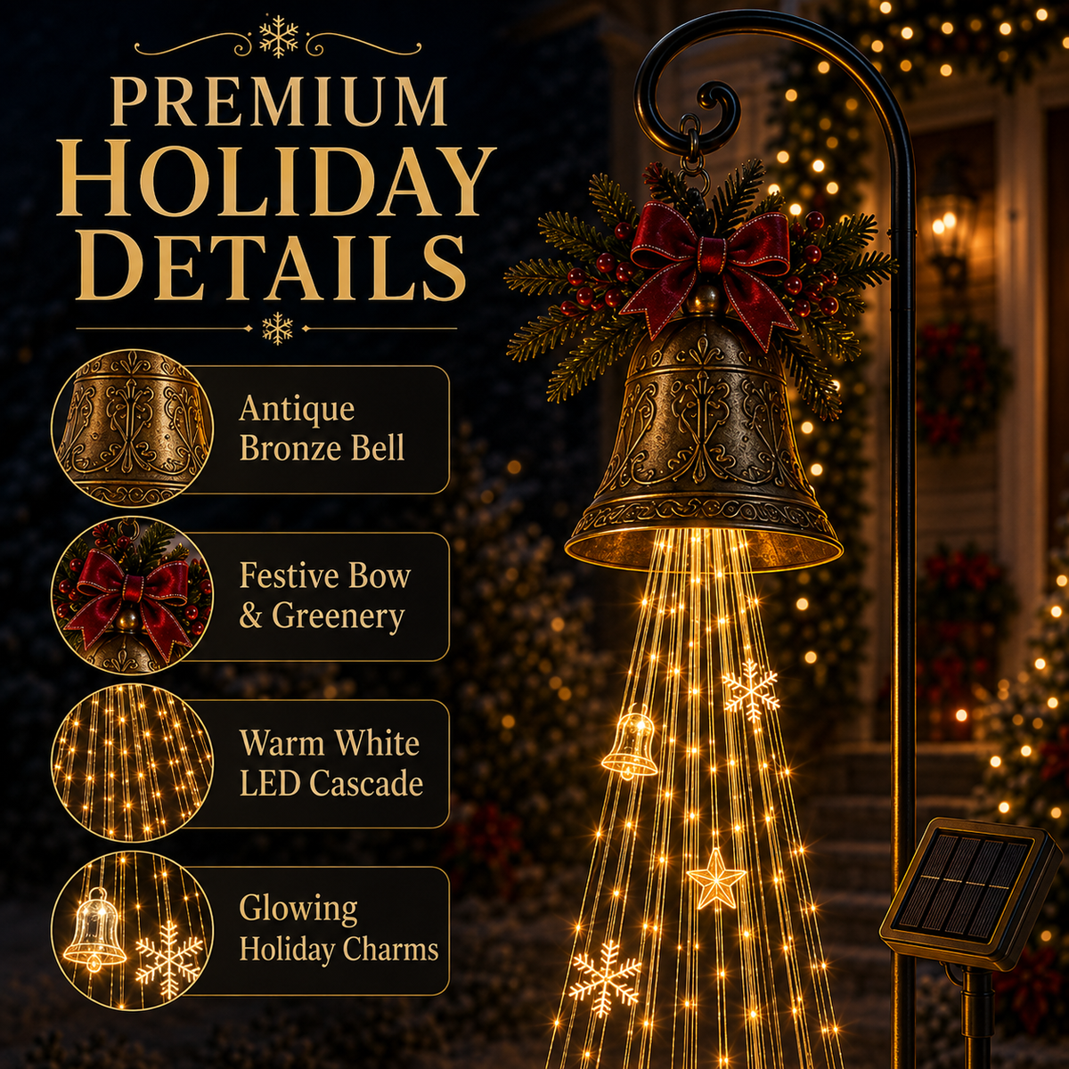 🎄✨ Christmas Bell Cascade Solar Yard Lights – Magical Holiday Glow!