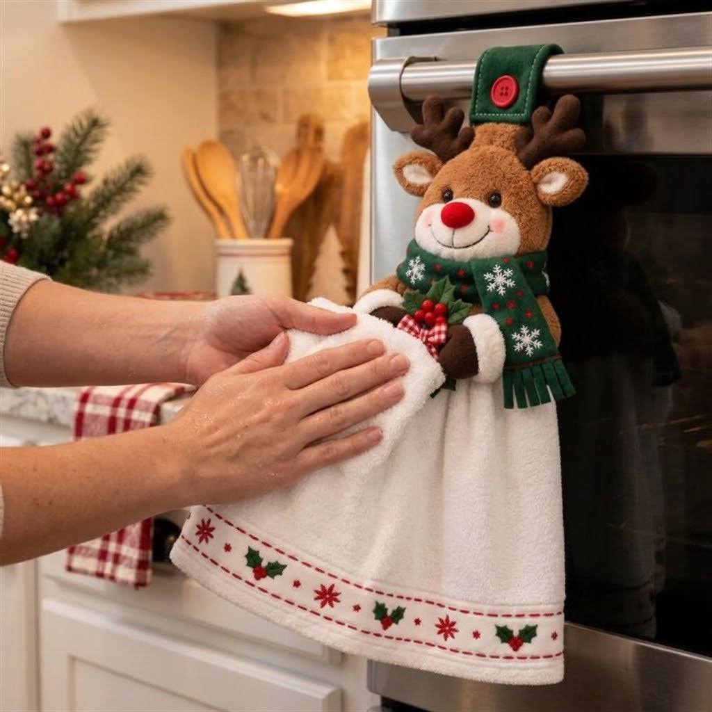 🎄 Christmas Hanging Kitchen Towel, Snowman Gingerbread Reindeer Decorative Hand Towel