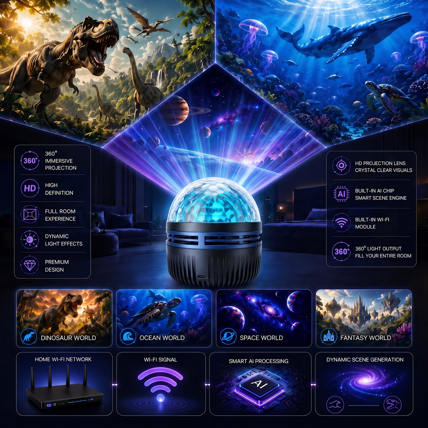 🦖🎁360° Smart Holographic Starry Sky Projector (HD Smart Dynamic 5D)