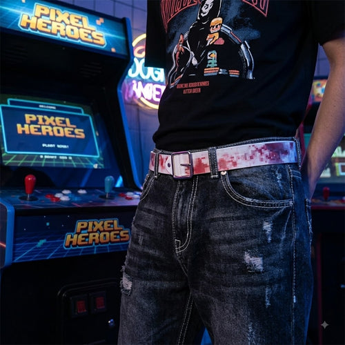 🩸Pixel‑Style Bloody Print Leather Belt | Unique Aesthetic Street‑wear Accessory