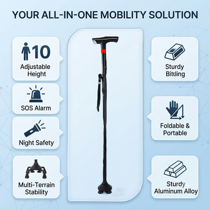 🦯 Foldable Walking Cane for Seniors |10-Level Height Adjustment, Built-in LED Light & One-Click SOS Alarm