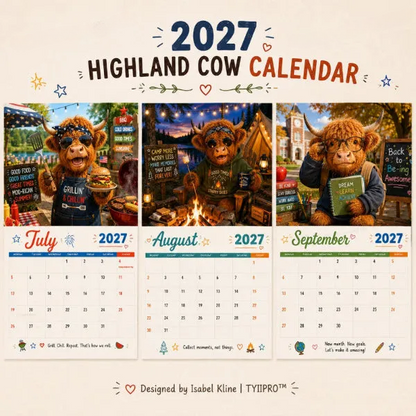 2027 Funny Highland Cow Wall Calendar A4 Hanging Calendar