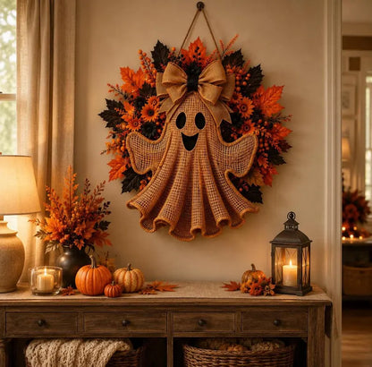 👻 Rustic Burlap Ghost Halloween Wreath