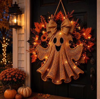 👻 Rustic Burlap Ghost Halloween Wreath