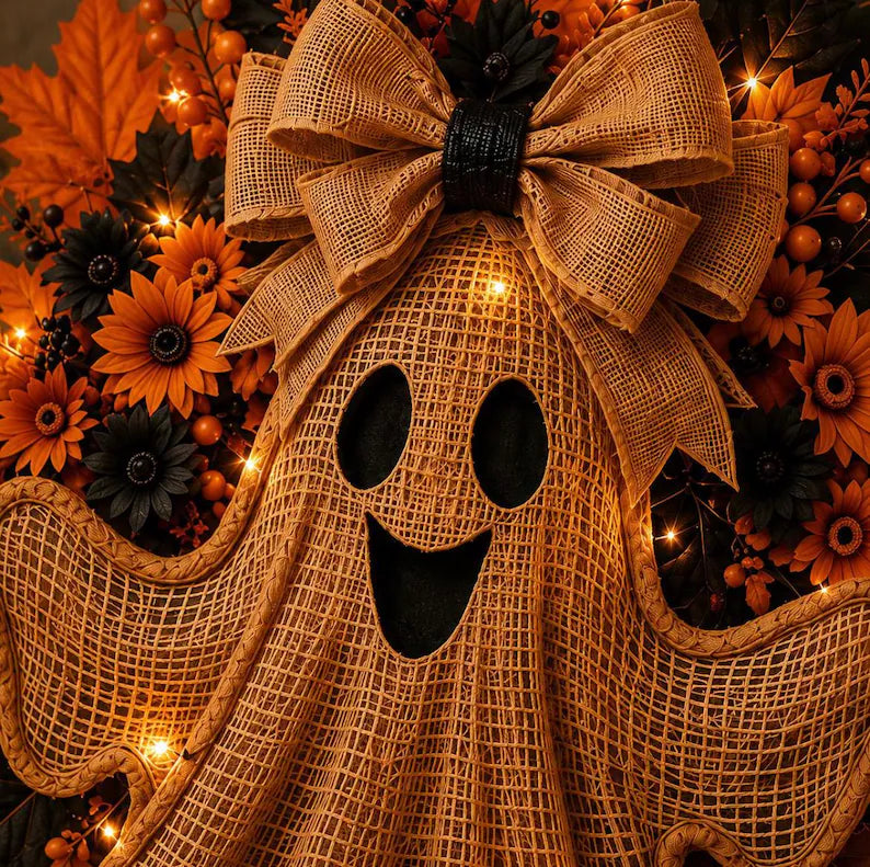 👻 Rustic Burlap Ghost Halloween Wreath
