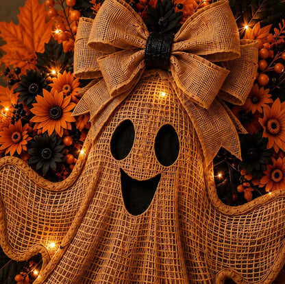 👻 Rustic Burlap Ghost Halloween Wreath