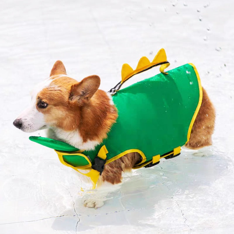 🦖 Cute Dinosaur Dog Life Jacket – Adjustable Pet Swim Vest with Rescue Handle & Reflective Strip