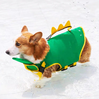 🦖 Cute Dinosaur Dog Life Jacket – Adjustable Pet Swim Vest with Rescue Handle & Reflective Strip
