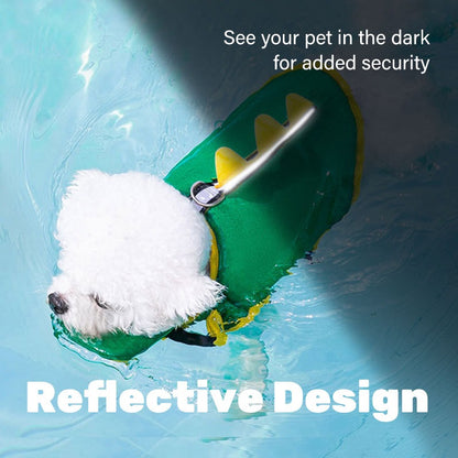 🦖 Cute Dinosaur Dog Life Jacket – Adjustable Pet Swim Vest with Rescue Handle & Reflective Strip
