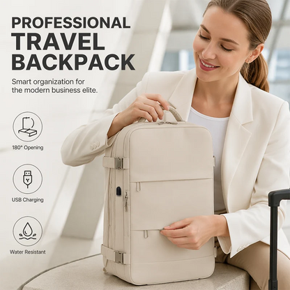 💼 Professional Travel Backpack with USB Port – 180° Opening Laptop Bag for Business Commute