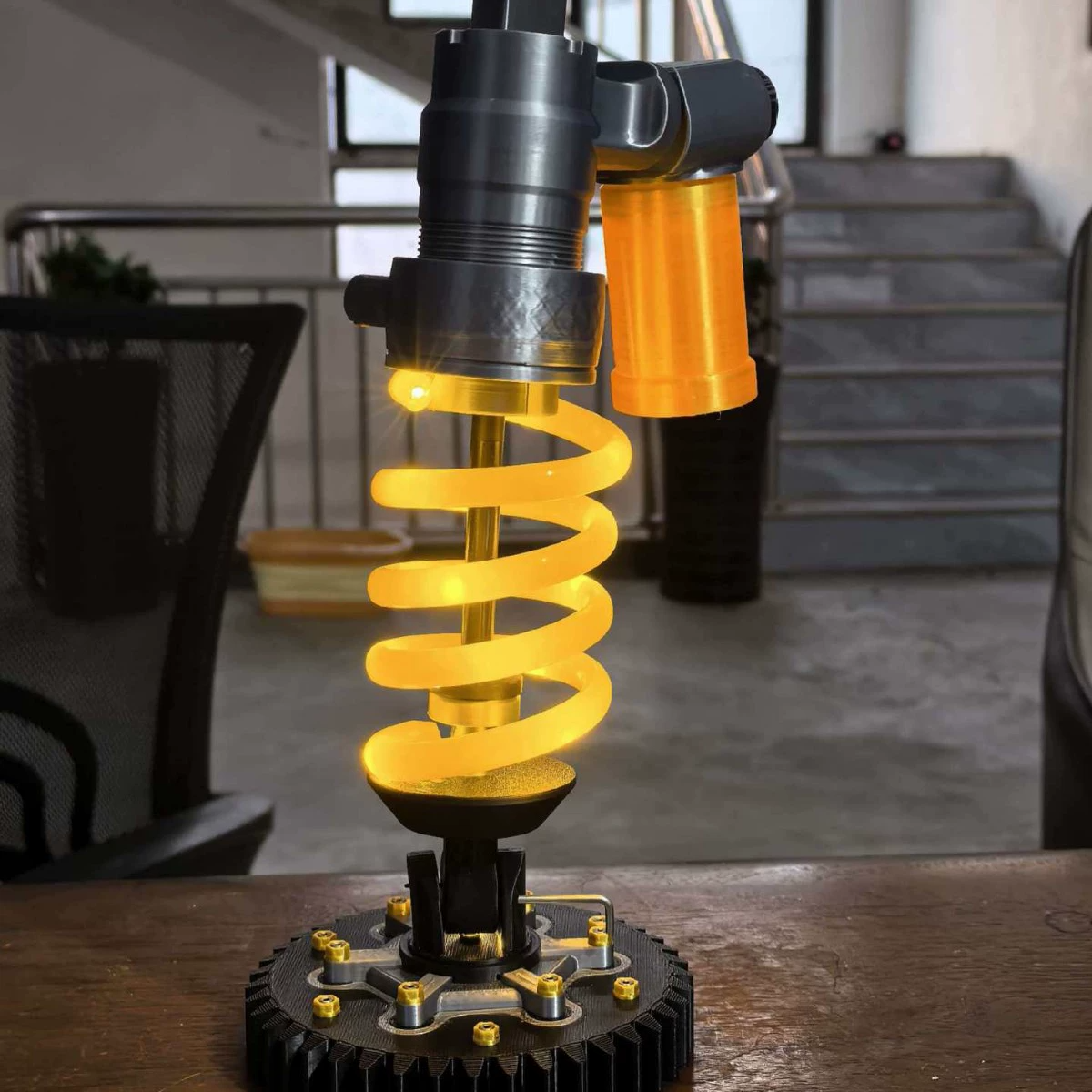 🔧 Industrial Shock Absorber LED Desk Lamp – 3D Spring Design Dimmable Night Light for Gaming Room & Garage