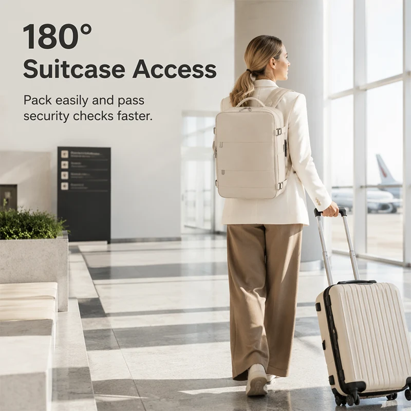 💼 Professional Travel Backpack with USB Port – 180° Opening Laptop Bag for Business Commute