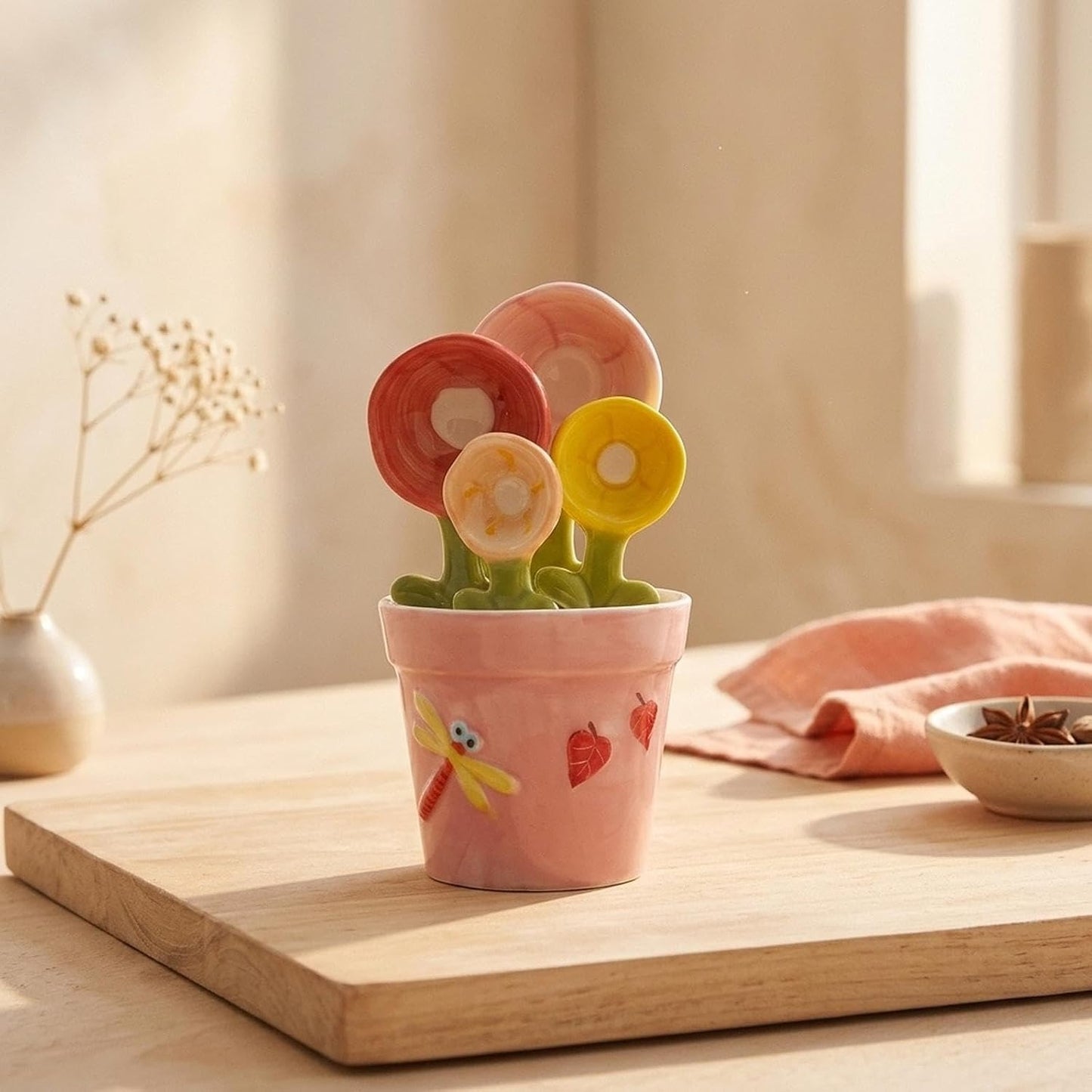 🌸 Ceramic Flower Measuring Spoons Set – Cute Nesting Design with Decorative Pot, 4 Sizes for Baking & Cooking