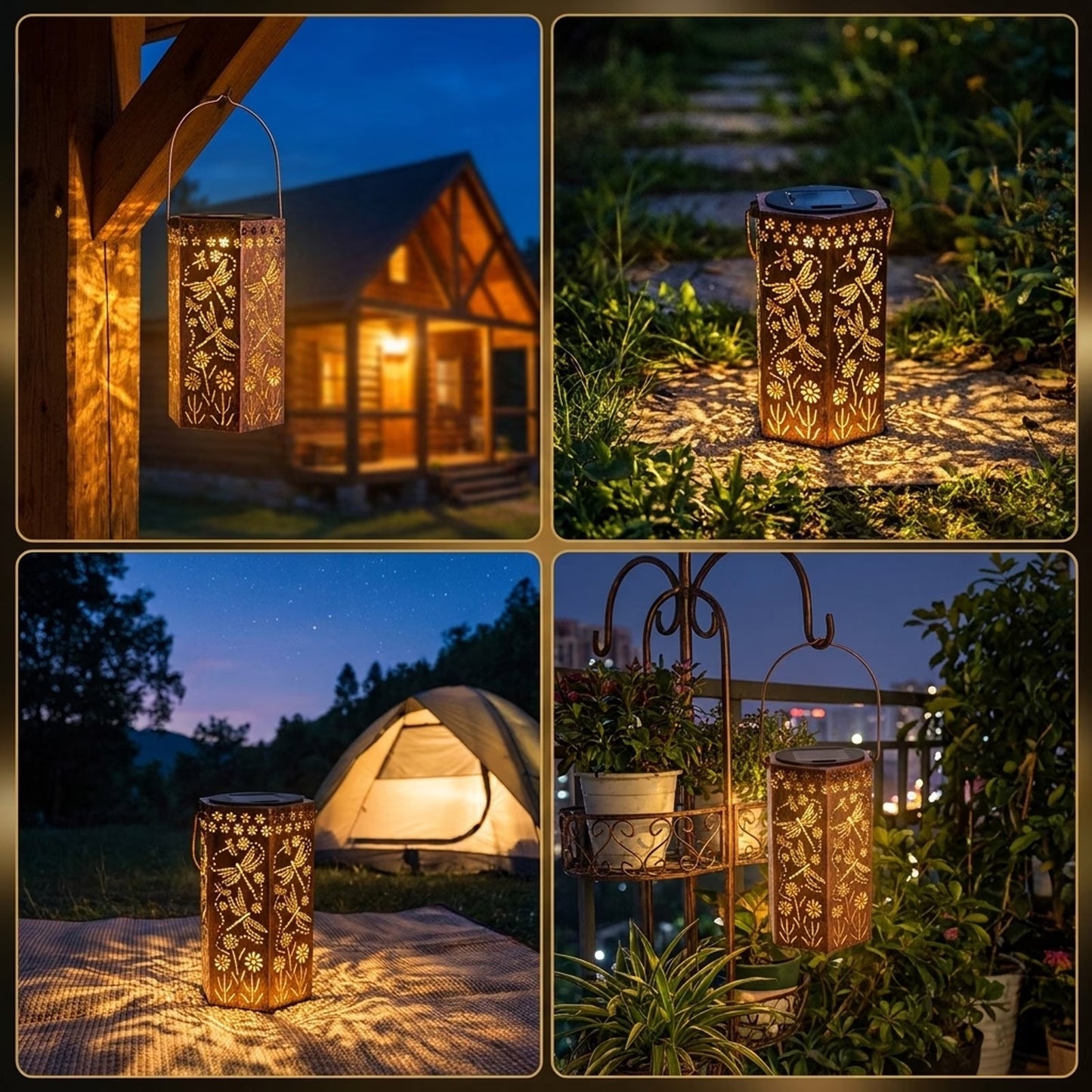 🦋 Solar Garden Lights with Shadow Effect - Bronze Hanging Lanterns for Backyard Decor