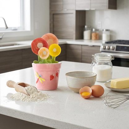 🌸 Ceramic Flower Measuring Spoons Set – Cute Nesting Design with Decorative Pot, 4 Sizes for Baking & Cooking