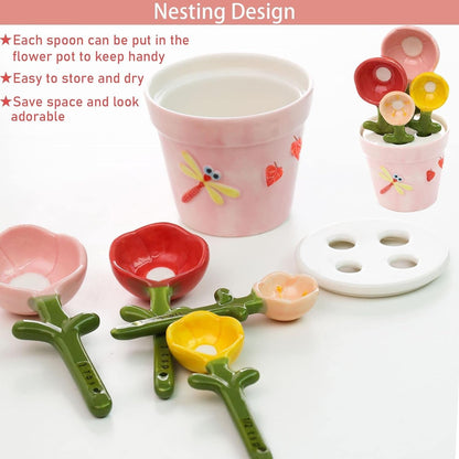 🌸 Ceramic Flower Measuring Spoons Set – Cute Nesting Design with Decorative Pot, 4 Sizes for Baking & Cooking