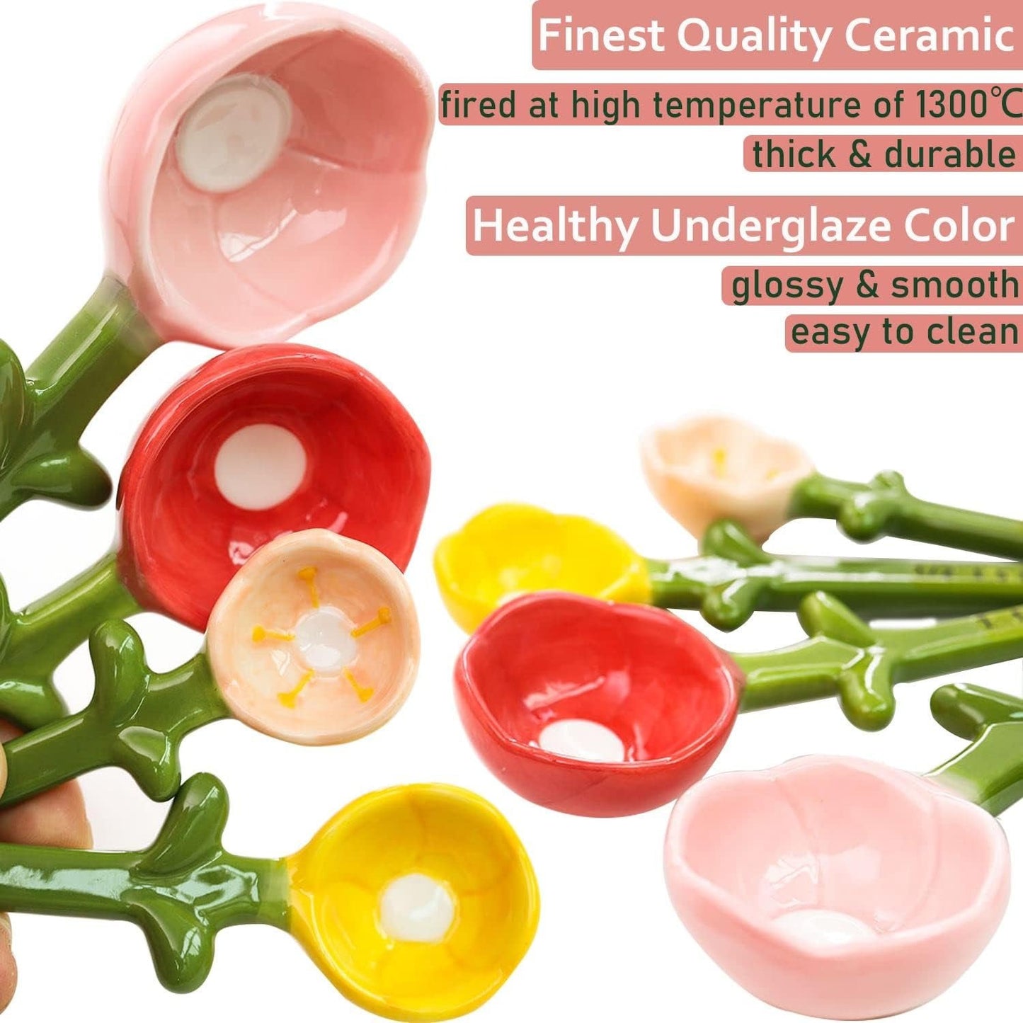 🌸 Ceramic Flower Measuring Spoons Set – Cute Nesting Design with Decorative Pot, 4 Sizes for Baking & Cooking