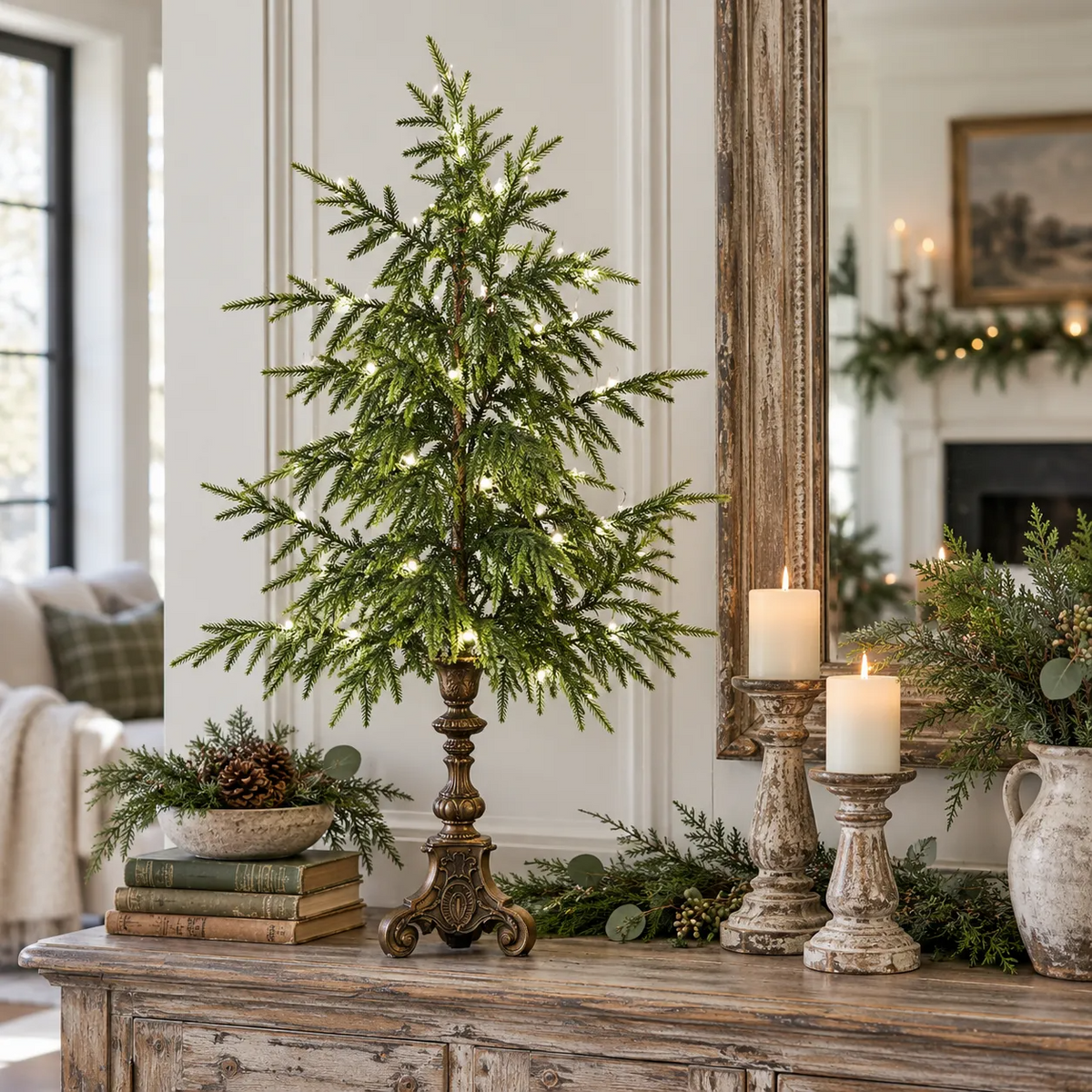 🎄Vintage Lighted Norfolk Pine Trees with Vintage Pedestal