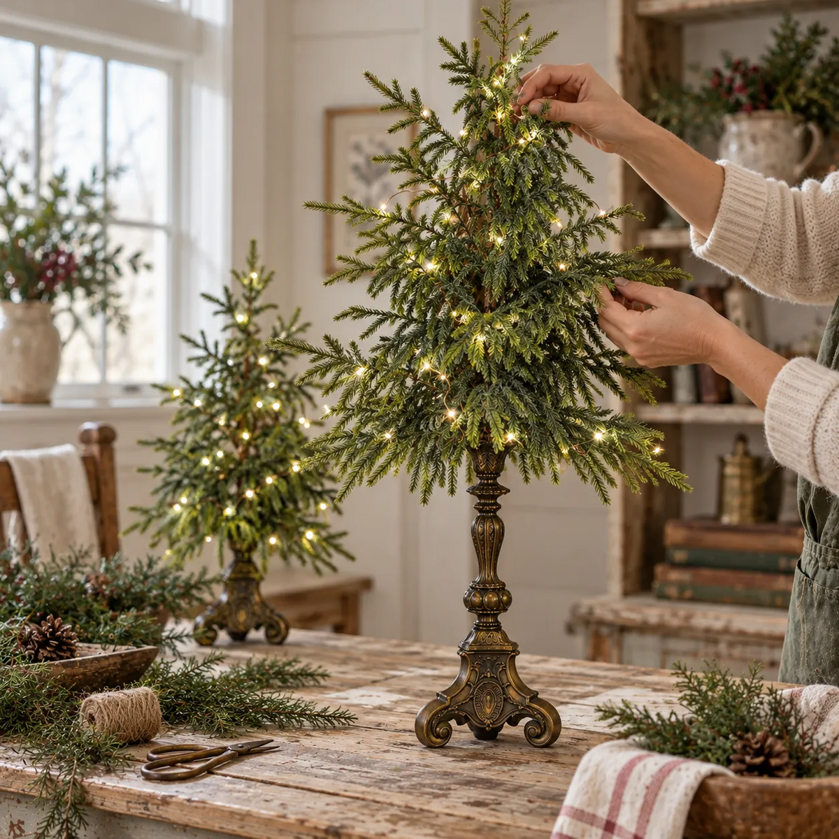 🎄Vintage Lighted Norfolk Pine Trees with Vintage Pedestal
