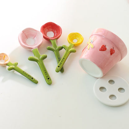 🌸 Ceramic Flower Measuring Spoons Set – Cute Nesting Design with Decorative Pot, 4 Sizes for Baking & Cooking