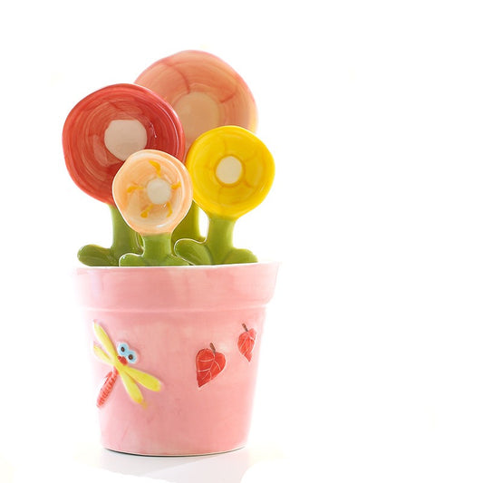 🌸 Ceramic Flower Measuring Spoons Set – Cute Nesting Design with Decorative Pot, 4 Sizes for Baking & Cooking