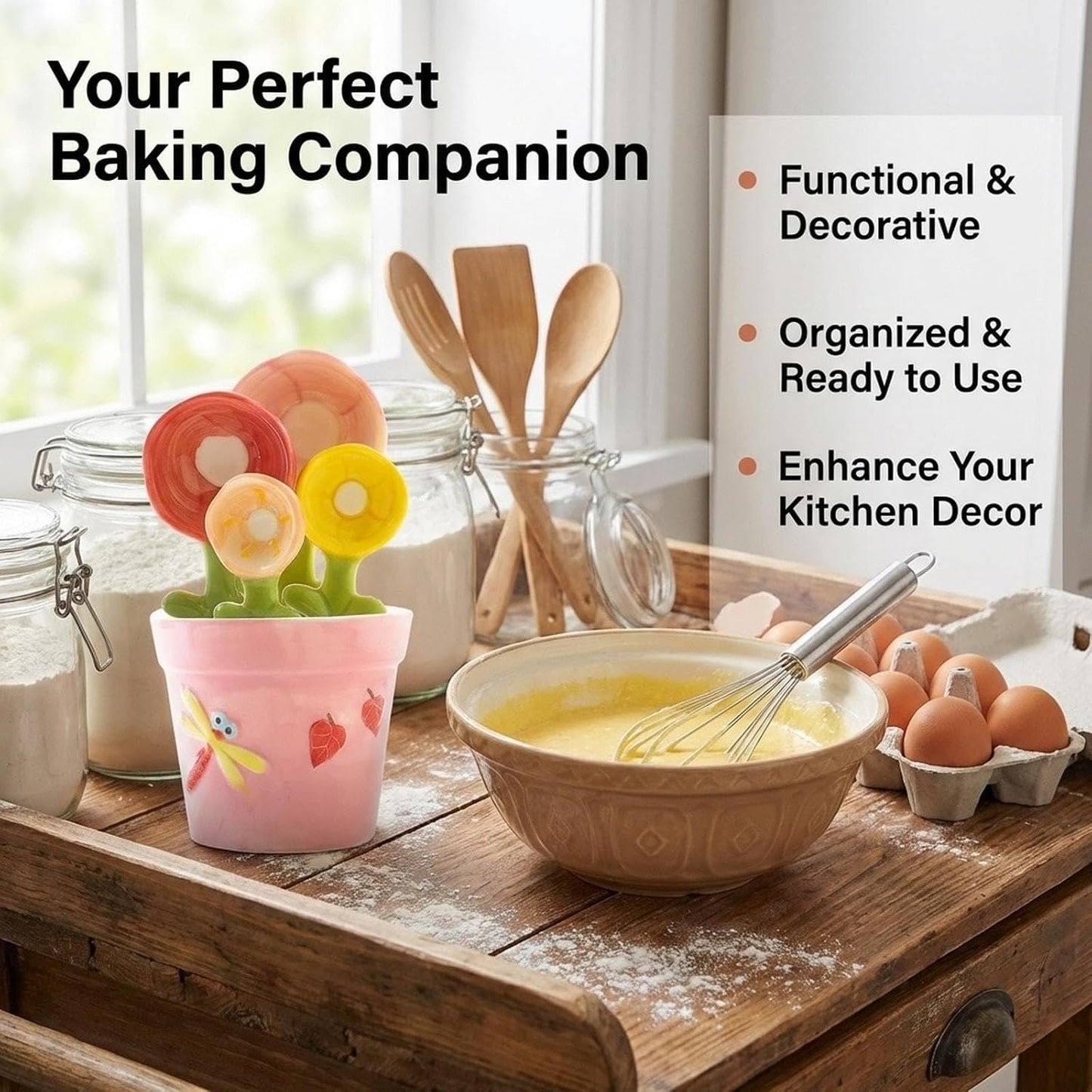 🌸 Ceramic Flower Measuring Spoons Set – Cute Nesting Design with Decorative Pot, 4 Sizes for Baking & Cooking