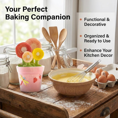 🌸 Ceramic Flower Measuring Spoons Set – Cute Nesting Design with Decorative Pot, 4 Sizes for Baking & Cooking