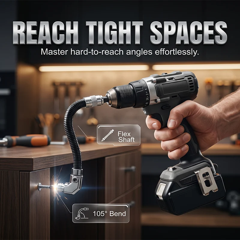 🔧 105° Right Angle Drill Attachment with Flexible Shaft – Magnetic Hex Bit Corner Adapter for Tight Spaces
