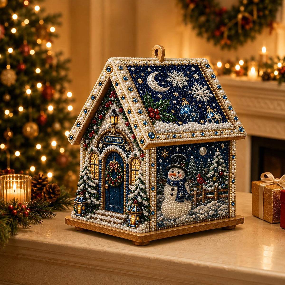 🎅3D Christmas House Pearl & Diamond Painting Kit – DIY Wooden Holiday Craft