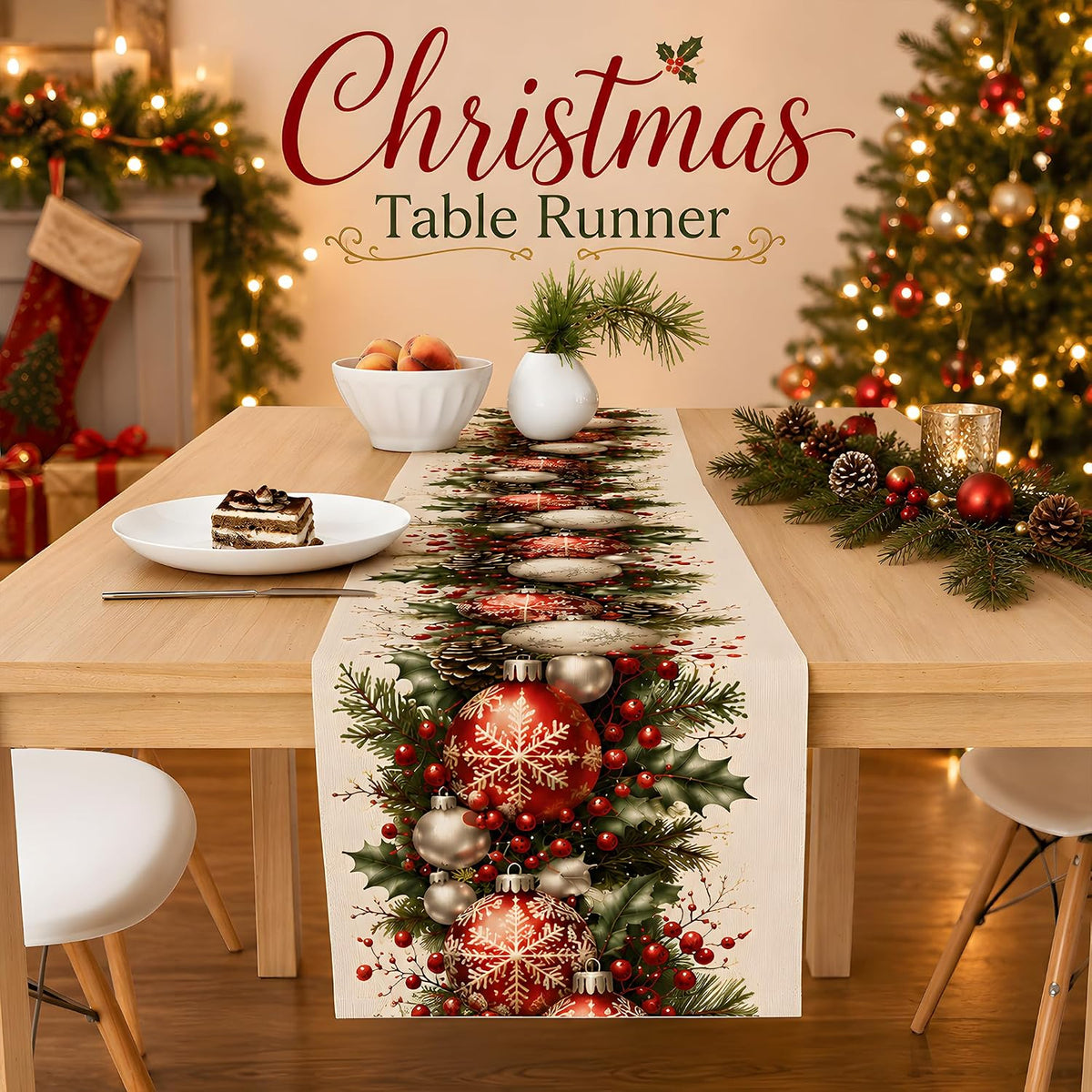 🎄🔴Christmas Ball & Pine Cone Table Runner| Holiday Table Decor for Dining Room