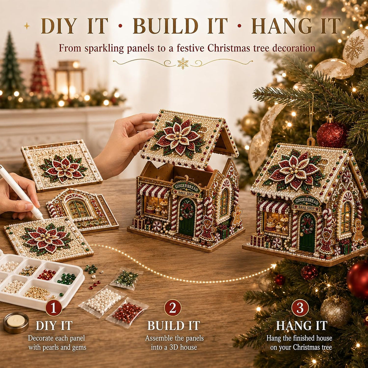 🎅3D Christmas House Pearl & Diamond Painting Kit – DIY Wooden Holiday Craft