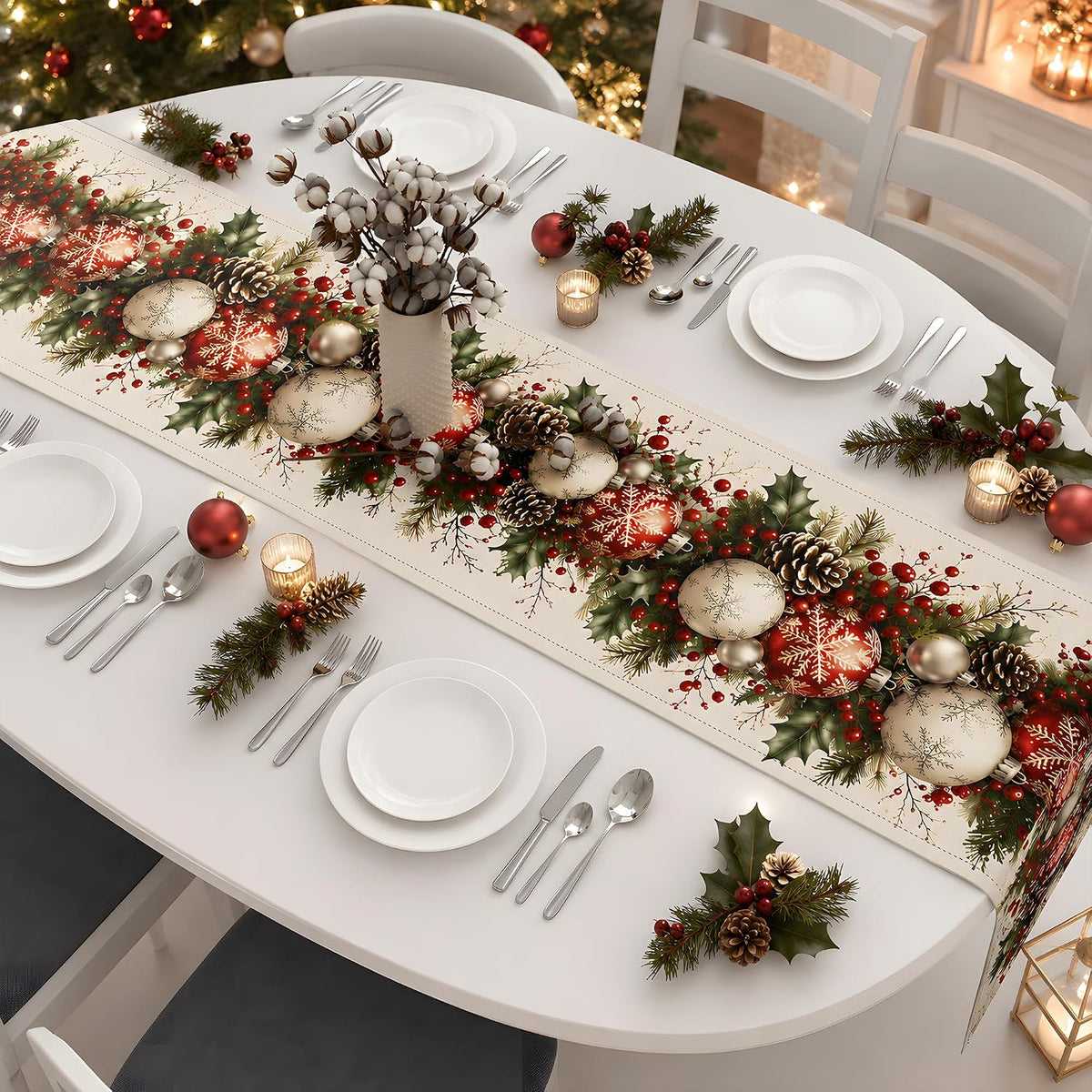 🎄🔴Christmas Ball & Pine Cone Table Runner| Holiday Table Decor for Dining Room