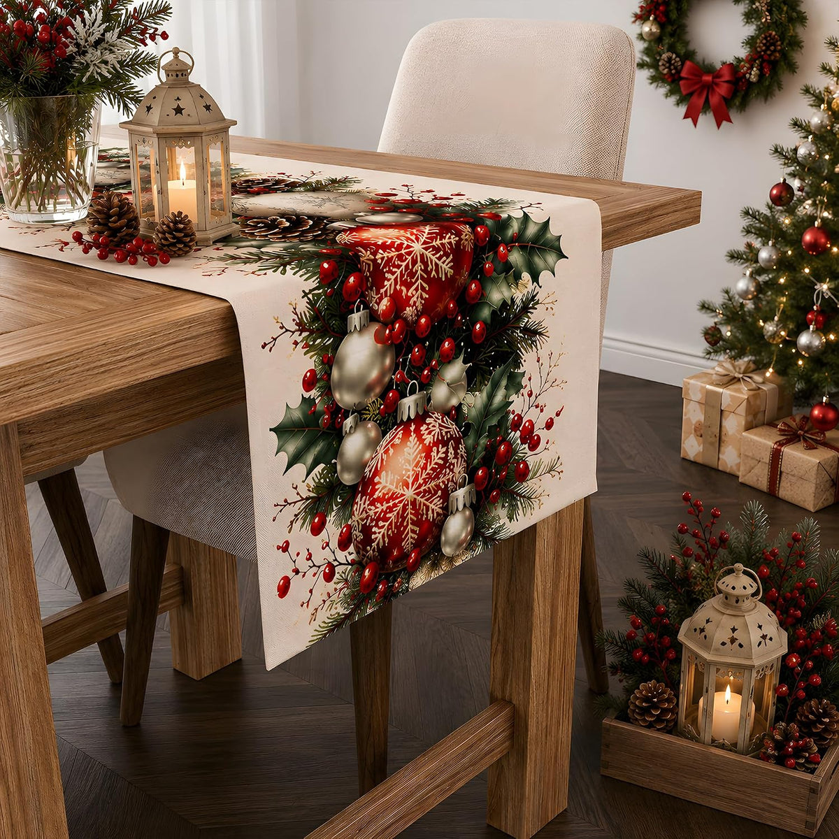 🎄🔴Christmas Ball & Pine Cone Table Runner| Holiday Table Decor for Dining Room